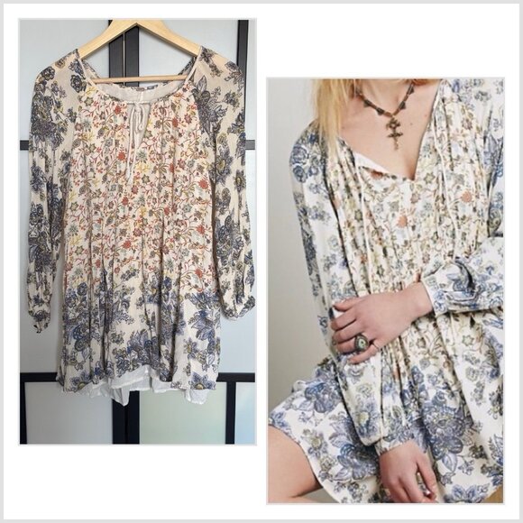 Free People Long Sleeve Mini Dress Size XS Peasant Boho Hippie Romantic Floral - Picture 1 of 7